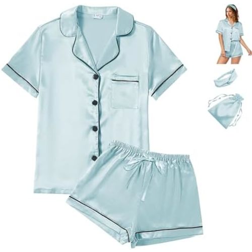 Conjunto de pijama de satén para mujer, 4 piezas, estampado floral, sedoso, suave, camisa de manga corta, para descansar o dormir, tallas XS-4XL