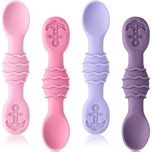 Silicone Baby Spoons, Baby Utensils for Infants Toddlers Self Feeding, Chew, First Stage Baby Led Weaning(BLW), Baby Feeding Essentials, Set of 4 Pack (Lollipop Pink)