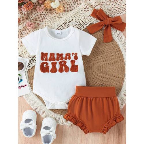 2pcs Baby Girls' Cute Letter Embossed Bodysuit And Ruffle Shorts, Summer