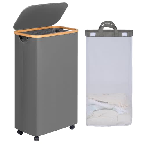 efluky Slim Laundry Basket with Wheels, Narrow Rolling Laundry Hamper with Lid and Removable Bag, Aesthetic Dirty Clothes Hamper on Wheels for Laundry Room, Bedroom, Dorm and Bathroom, 75L Grey