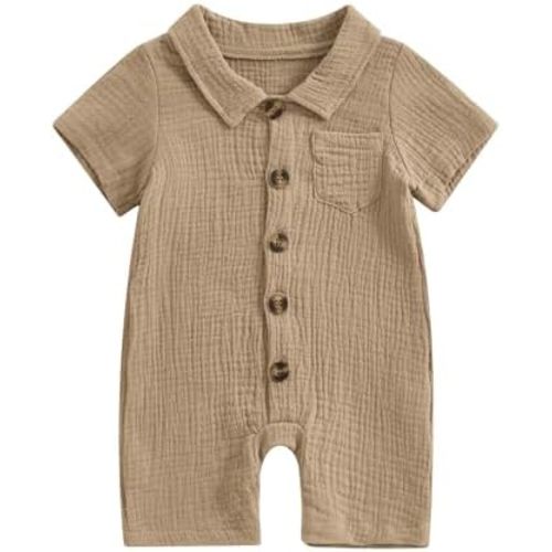Honganda Summer Baby Boy Cotton Linen Jumpsuit Short Sleeve Button Down Playsuit Romper One Piece Outfit 0-24M