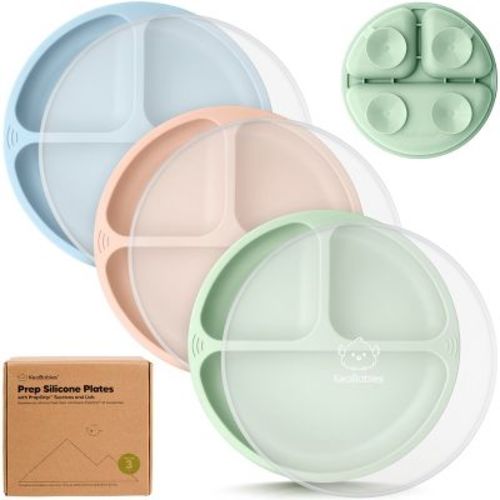 3-pack Prep Suction Plates With Lids, 100% Silicone Baby Plates With Lid, Bpa-free Kids Divided Toddler Plates (olives)