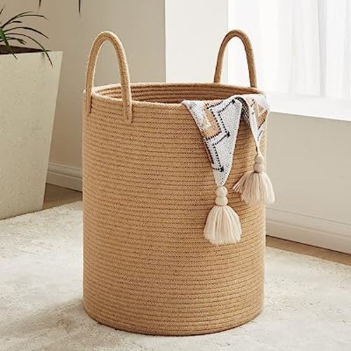 Fiona's magic Jute Rope Laundry Hamper Basket, 58L Tall Laundry Basket for Blanket Storage, Large Baby Nursery Hamper for Laundry, Woven Clothes Hamper for Bedroom, Living Room-Jute