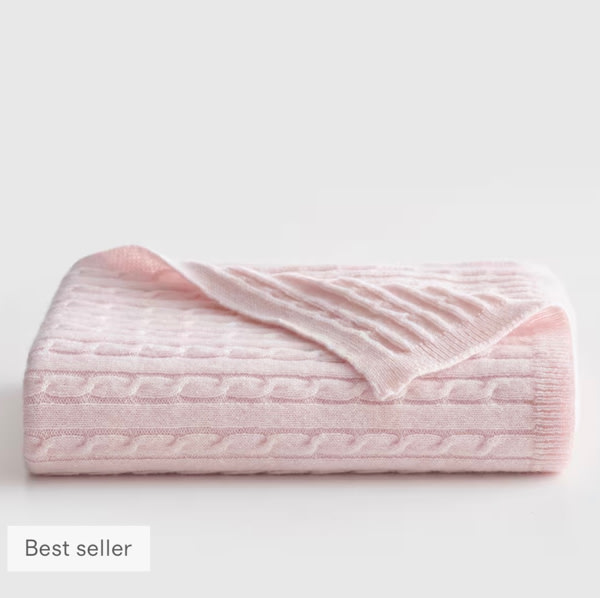Luxe Cable Knit Cashmere Baby Blanket in Minimal Pink