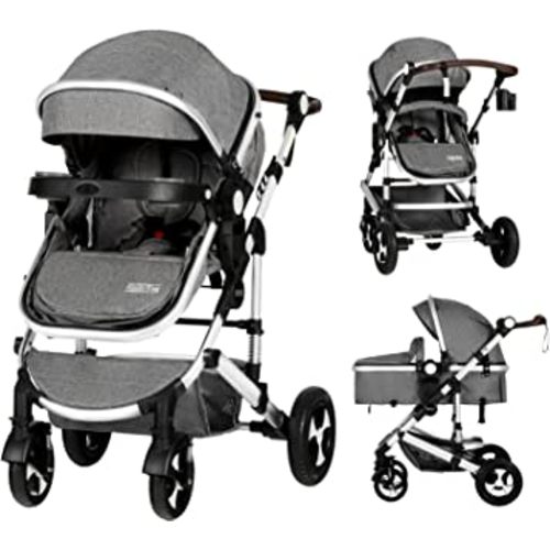 Kinder King 3 in 1 Reversible Baby Stroller w/Detachable Tray, Convert to Newborn Pram, Folding Infant Carriage for Toddler, Adjustable Canopy & Handle, Aluminum Alloy, Suspension Wheels