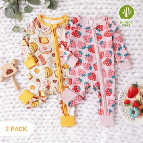 PatPat Bamboo Baby Pajamas Baby Girl Gifts Snug Fit Zipper Long-Sleeved Baby Onesies Sleepwear,2Pack,0-24 Months