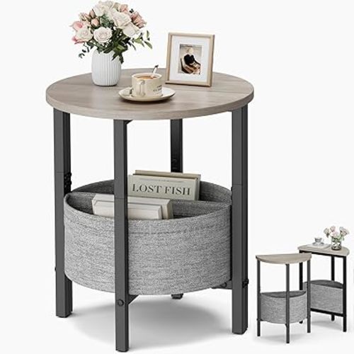 Vagusicc End Table, Small Round Side Table with Fabric Basket, Set of 2 Half Round Side Tables Half Moon Accent Coffee Tables, Bedside Table, Tea Sofa Table Nightstand for Living Room, Bedroom, Gray