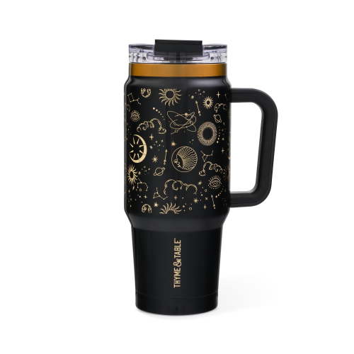 Thyme & Table 32 fl oz Stainless Steel Luna Tumbler with Handle and Dual Straw Lid, Black Zodiac