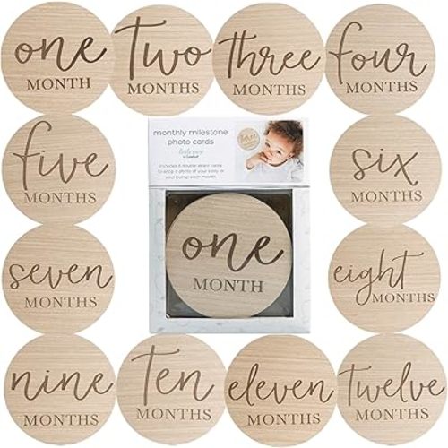 Wooden Milestone Photo Cards - Double-Sided Baby Announcement Discs, Ideal Photo Prop for Monthly Pregnancy Journey and Baby Milestones, 1-12 Months, Light Wood