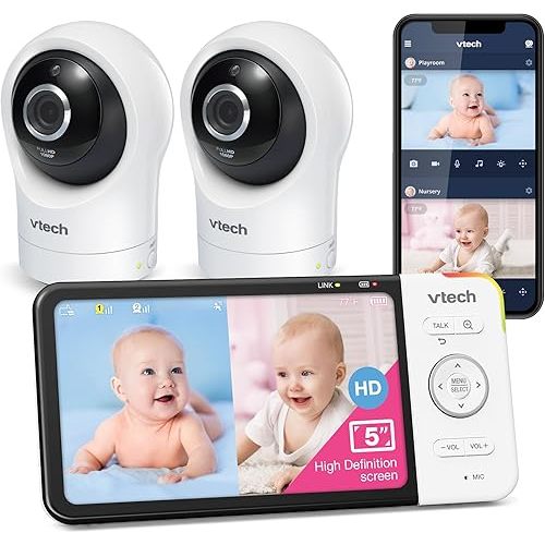 VTech RM5764-2HD 1080p Smart WiFi Remote Access 2 Camera BabyMonitor, 360° Pan & Tilt, 5" 720p HD Display, Night Vision, Soothing Sounds, 2-Way Talk, Temperature & Motion Detection, iOS & Android
