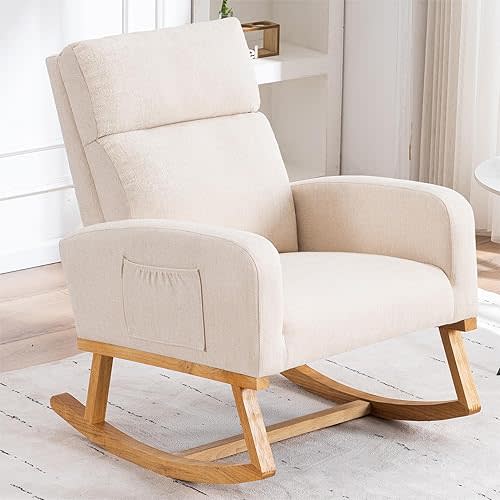 Nursery Rocking Chair, Comfy Rocker Armchair for Nursery with Solid Wood Legs, Modern Nursing Glider Rocking Chair Living Room, Bedroom, Beige