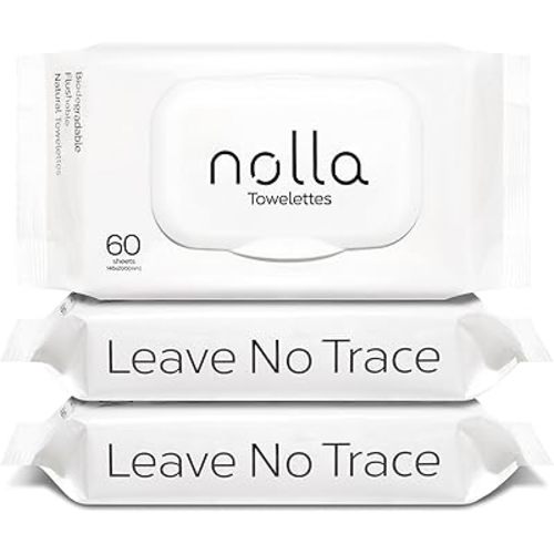 Nolla Flushable Wipes - 100% Plant-Based and Biodegradable - Soft, Unscented + Soothing Aloe and Vitamin E - For Adults and Kids 180 Count (3 Packs of 60)