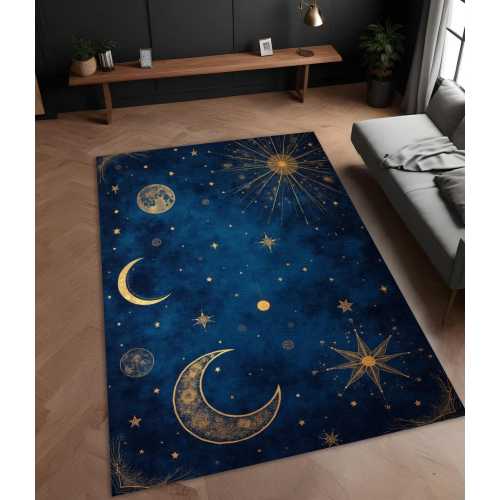 Celestial Rug Night Sky – Deep Blue & Gold Moon and Stars – Cosmic Astrology-Inspired Washable Carpet – Mystical Home Decor