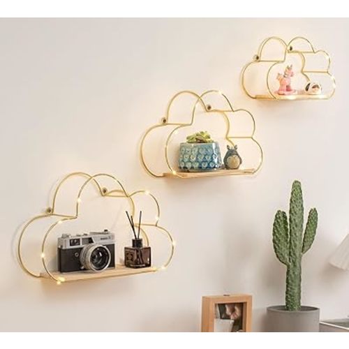 Golden Cloud Shape Floating Shelves with LED Lights Wall Decor,Gold Metal Wire and Wood Base Wall Mounted Shelf Decorations for Home Bedroom Living Room - Set of 3
