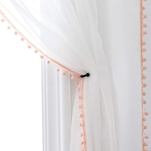 MISS SELECTEX Linen Look Pom Pom Tasseled Sheer Curtains - Rod Pocket Voile Semi-Sheer Curtains for Living and Bedroom, Set of 2 Curtain Panels (52 x 84 inch, White Sheer & Blush Pom Poms)