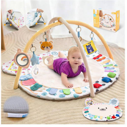 Baby Play Gym, Thickened and Non Slip Activity Mat, 5 Developmental Zones Tummy Time Mat with 5 Detachable Sensory Toys for Motor Skills, Baby Essentials Shower Gift Box(Bear)