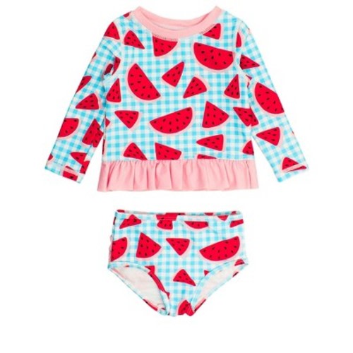 Rufflebutts Baby Girls Upf50+ Long Sleeve Rash Guard Bikini - Watermelon Gingham, 6-12m