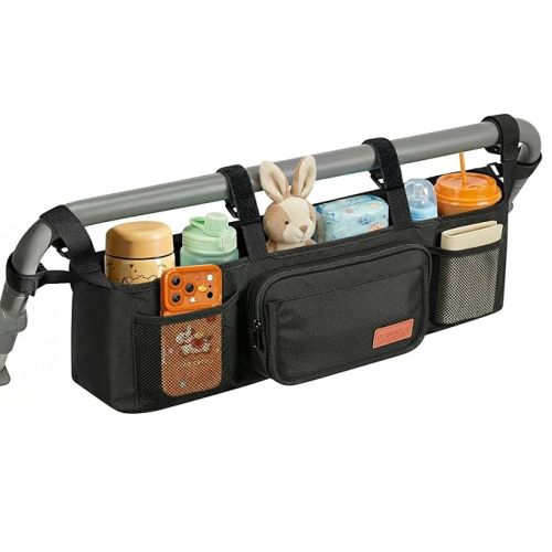 Guiseapue Universal Stroller Organizer with Cup Holder: Stroller Caddy Accessories with Detachable Phone Bag Fit for Uppababy, Non-Slip Straps, Walker Accessories, First Mothers Day Gifts for New Mom