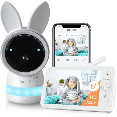 ARENTI Video Baby Monitor, Audio Monitor with 2K Ultra HD WiFi Camera,5" Color Display,Night Vision,Lullabies,Cry Detection,Motion Detection,Temp & Humidity Sensor,Two Way Talk,App Control(White)