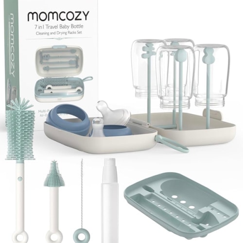 Momcozy Bottle Brush Set - Baby Bottle Cleaner Kit with Silicone Brush, Nipple Brush, Straw Brush, Soap Dispenser, Drying Rack - 7 in 1 Bottle Cleaning Tool for Home and Travel, Green