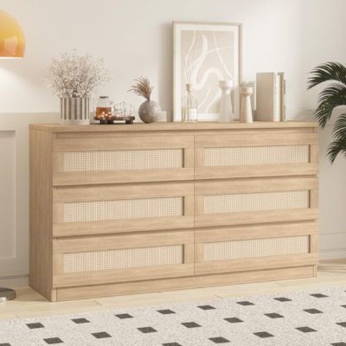 Rattan Dresser For Bedroom, Modern 6 Drawer Double Dresser With Anti-tip Kit,beige