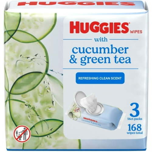 Huggies Sensitive Skin Plant-Based Gentle Wipes, Cucumber & Green Tea, 3 Packs, 168 Total Units