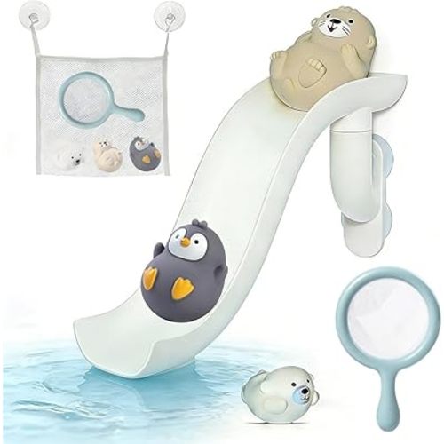 Animals Slide Bath Toy Play Set with Fishing Net Baby Bath Toys for Boys and Girls 6+ Months - Suction Cup Toy Attaches to Shower Wall