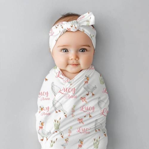 Girl Goose Swaddle Set, Gosling Swaddle Baby Blanket, Personalized Swaddle Blanket, Goose Baby Blanket, Goose Nursery Decor B88