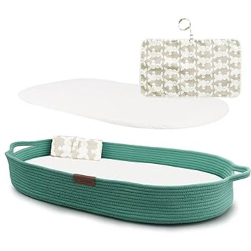 XL Reinforced Baby Changing Basket with Extra Travel Diaper pad, Foldable Baby Changing Pad with Water Repellent Cover, Cotton Rope Baby Basket, Changing Table Topper for Dresser (Green)