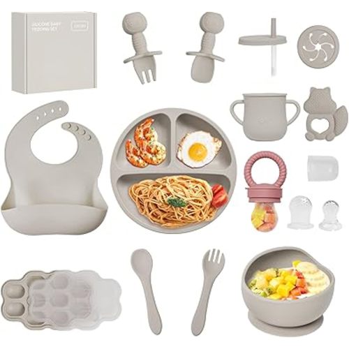 Silicone Baby Feeding Set, 15pcs Baby Led Weaning Feeding Supplies for Toddlers, Bowls and Plates with Suction, Silicone Bib,Toddler Spoons and Fork, Toddler Cups, Fruit Feeder & Freezer Tray. (Beige)