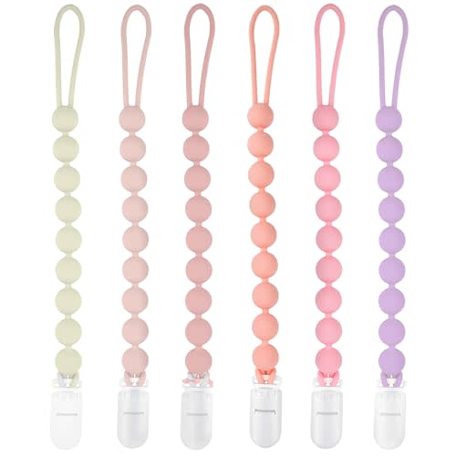 MINMUNJIU Silicone Pacifier Clip Holder, 6 Pack One Piece Soft Flexible Binky Clips Pacifier Holder Clip for Girls, Baby Girl Newborn Essentials, Teething Relief