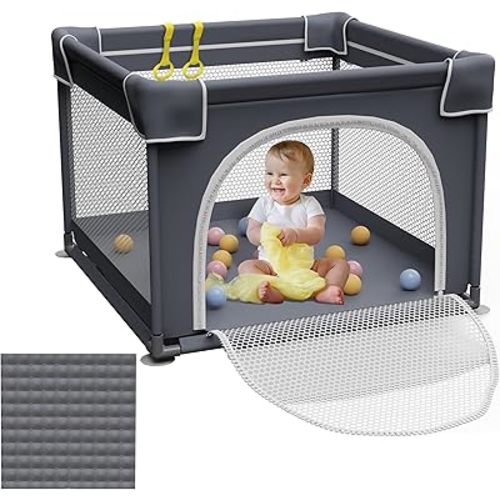 Small Playpen with Mat, 36"x36", Toddler Playard, Indoor & Outdoor Play Yard, Sturdy Safety Baby Play Yard with Soft Breathable Mesh (Grey)