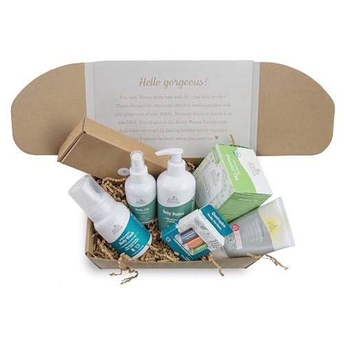 Earth Mama Pregnancy Pampering Gift Set|Organic Body Wash, Belly Butter, Lip Balm Set, Mini Deodorant Pack, Herbal Tea, Belly Oil & Sunscreen, 7 Pcs