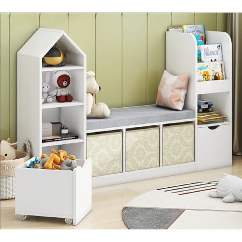 Halitaa Kids Bookcase and Bookshelf with Reading Nook, Toy Storage Organizer for Kids, White Bookcase with 7 Storage Cubbies 2 Movable Drawers and Seat Cushion for Children's Room, Playroom