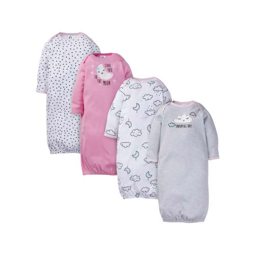 Gerber Newborn Baby Girls Long Sleeve Sleepers, Lap Shoulder Gowns with Mitten Cuffs, 4-Pack, Preemie-0/6M