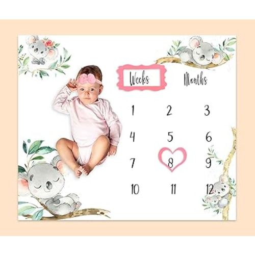 Baby Monthly Milestone Blanket| Koalas Trunk Branch Leaf Wreath | Newborns 1 to 12 Months Unisex Include 4 Frames and 1 Headband 48"x40" BTQQPH126