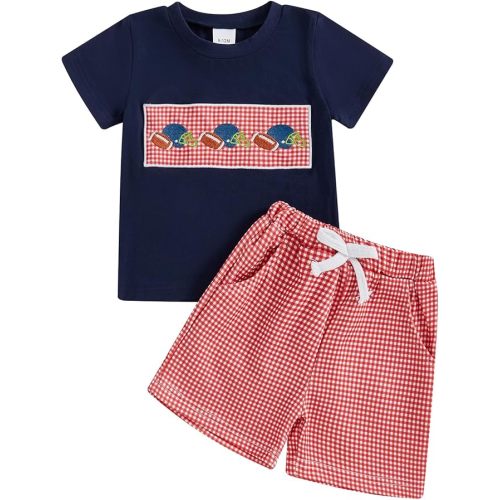 Adobabirl Toddler Baby Boy Football Outfit Rugby Embroidery Short Sleeve Tshirt with Plaid Shorts Boutique Summer Clothes
