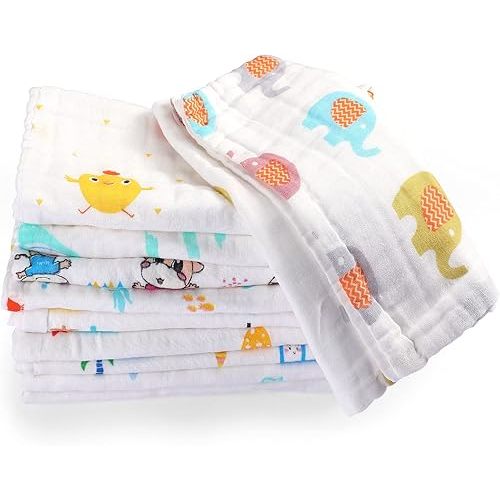 10 Pack Muslin Baby Burp Cloth 20'' x 10'' 6 Layer Soft Absorbent Newborn Rags Towel for Baby Shower Boys Girls Machine Washable for Sensitive Skin(Animal Pattern)