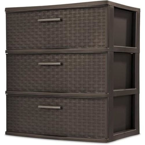 Plastic 3-Drawer Wide Weave Tower, Espresso