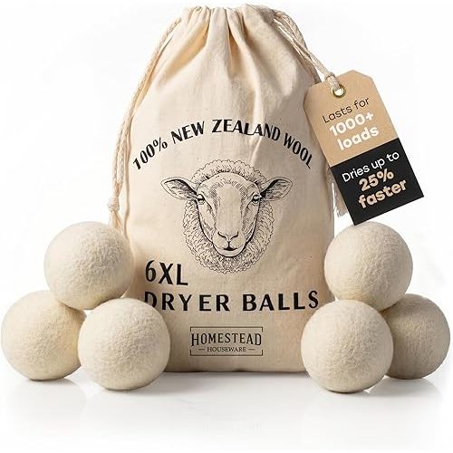 XL Wool Dryer Balls 6-Pack – 100% New Zealand Wool, Natural Fabric Softener & Static Reducer, Reusable Laundry Balls for Pet Hair, Eco-Friendly Dryer Sheets Alternative