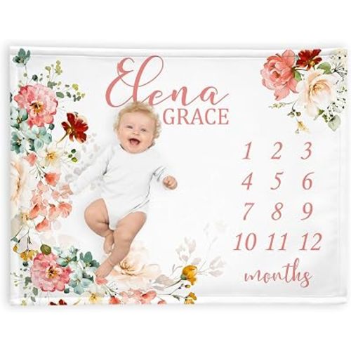 Personalized Wild Flower Milestone Blanket, Floral Baby Milestone Blanket, Pink Flower Nursery Throw, Monthly Baby Growth Tracker, Watercolor Flower Throw, Newborn Girl Gift