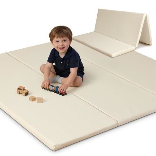 SEPARO Thick Trifold Baby Play Mat,Soft Vegan Leather 47x47 Play Mat for Playpen,Foldable Tummy Time Foam Floor Mats,Waterproof & Wipe-Clean for Toddler,Kids & Infants Playroom,Beige