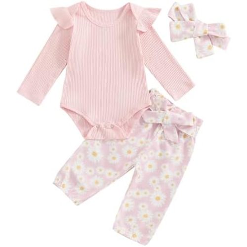 Kaipiclos Newborn Infant Girl Clothes Rib Knit Romper Daisy Print Pants Headband Baby Clothes for Girls 0 3 6 12 18 24 Months