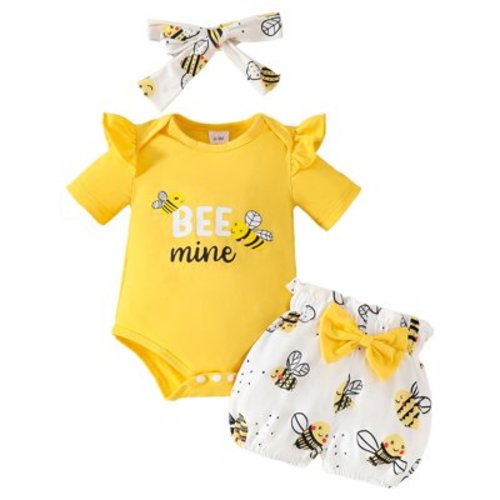 Linfrsh Baby Girl Summer Clothes Girl Outfits Fashion Ruffle Romper Tops Floral Shorts Short Sleeve Set+Headband Yellow,0-3 Months
