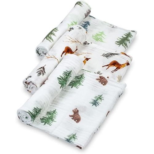 LollyBanks Baby Blankets, 100% Muslin Cotton Swaddle Blanket for Boys and Girls, Soft and Large 47 x 47 Inches Newborn Swaddle, Breathable Baby Receiving Blankets, Registry (Forest Theme 3 Pack)
