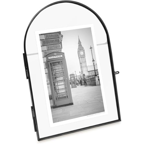 Isaac Jacobs 4x6 Vintage Style, Arched Brass & Glass Metal Floating Picture Frame with Locket Closure (Vertical), Made for Tabletop Display (4x6 Vertical, Black)