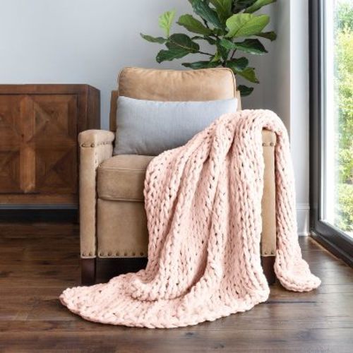 Chunky Knit Throw Blanket Braided, Soft & Cozy - Becky Cameron, Blush, Throw