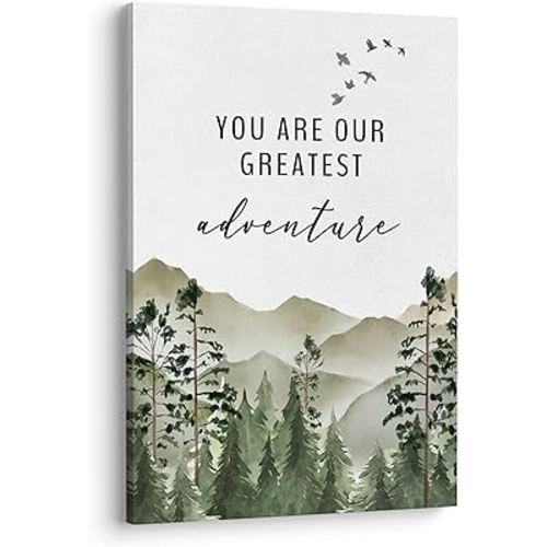 XWELLDAN You are Our Greatest Adventure Woodland Nursery Inspirational Wall Art Canvas Prints,Watercolor Forest Mountain Adventure Wall Art Decor for Kids Baby Bedroom Nursery, 16 x 24 Inch, Framed