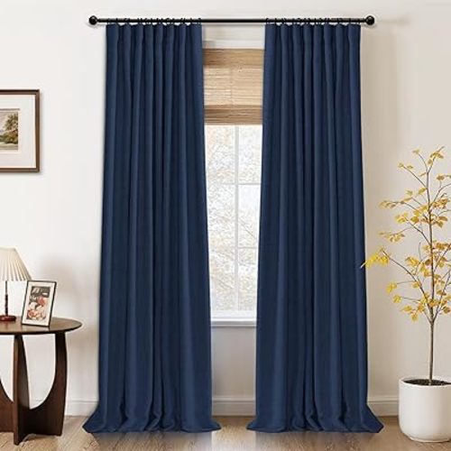 100% Blackout Shield Full Blackout Curtains for Bedroom 63 inch Length 2 Panels Set, Clip Rings/Rod Pocket Faux Linen Black Out Curtains for Living Room, Thermal Insulated, 50Wx63L, Midnight Blue