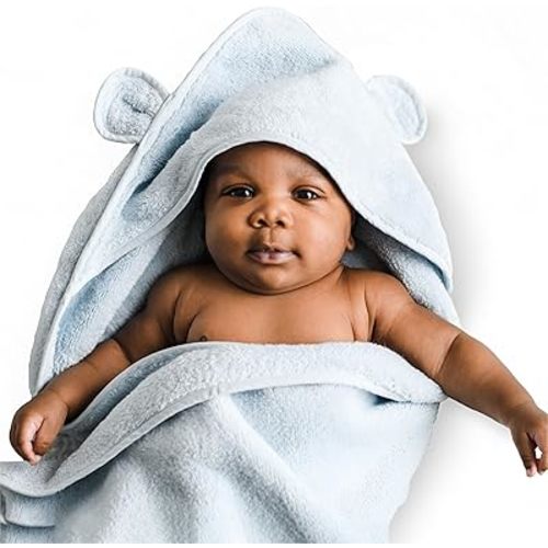 Natemia Hooded Baby Bath Towel - 100% Organic Cotton Baby Towels for Newborns, Toddlers, Boys, Girls - Soft Absorbent 450 GSM - Gentle on Sensitive Skin - Baby Shower Registry Gift (Blue, 35" x 35")